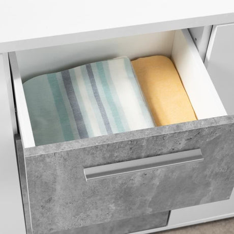 Buffet bas - Panneaux de particules - Blanc et décor gris béton - 4 portes + 3 tiroirs - L 179 x P 42 x H 74,5 cm