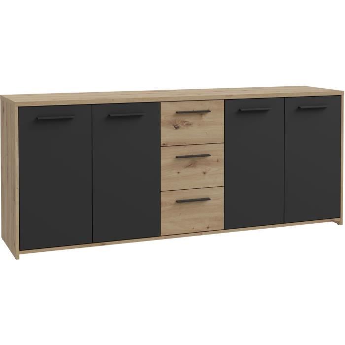 Buffet PILVI - Style contemporain - Particules mélaminé -Décor Chene artisan et Noir- 4 portes + 3 tiroirs - L179,2 x P42 x H74,5