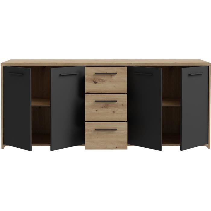 Buffet PILVI - Style contemporain - Particules mÈlaminÈ -DÈcor Chene artisan et Noir- 4 portes + 3 tiroirs - L179,2 x P42 x H74,5