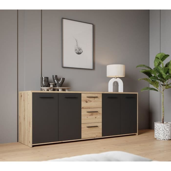 Buffet PILVI - Style contemporain - Particules mÈlaminÈ -DÈcor Chene artisan et Noir- 4 portes + 3 tiroirs - L179,2 x P42 x H74,5