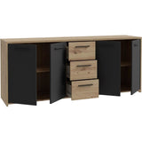 Buffet PILVI - Style contemporain - Particules mÈlaminÈ -DÈcor Chene artisan et Noir- 4 portes + 3 tiroirs - L179,2 x P42 x H74,5