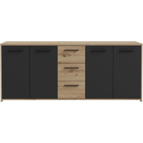 Buffet PILVI - Style contemporain - Particules mélaminé -Décor Chene artisan et Noir- 4 portes + 3 tiroirs - L179,2 x P42 x H74,5
