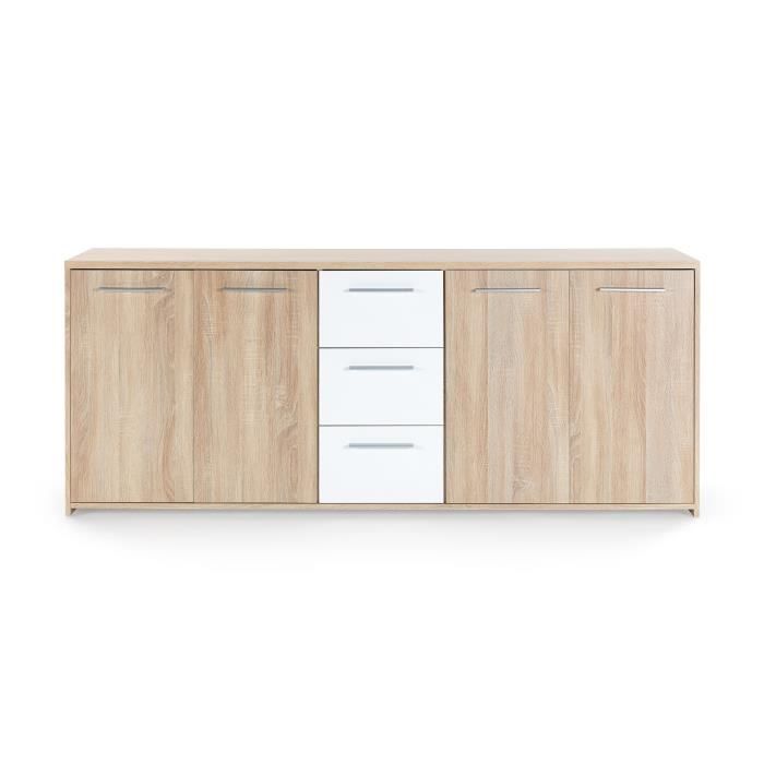 Buffet bas PILVI - 4 portes et 3 tiroirs - Blanc mat et chene sonoma - Contemporain - L 179,2 x P 42 x H 74,5 cm