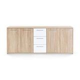 Buffet bas PILVI - 4 portes et 3 tiroirs - Blanc mat et chene sonoma - Contemporain - L 179,2 x P 42 x H 74,5 cm