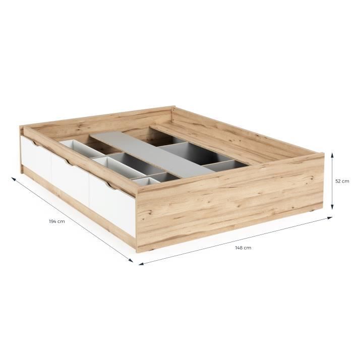 Lit adulte scandinave 3 tiroirs dÈcor chene et blanc mat - l 140 x L 190 cm VANKKA