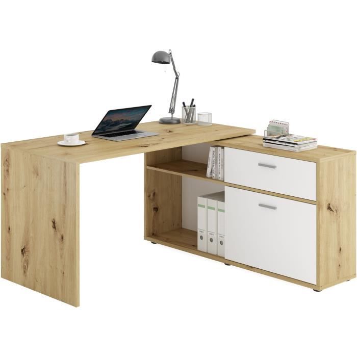 Bureau d'angle avec rangements Diego - Mélaminé chene/blanc brillant - L138 x H75 x P138 cm