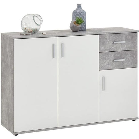 Buffet bicolore - Décor gris béton LA et blanc - 3 portes + 2 tiroirs - L120,5 x H83 x P35 cm - Fabriqué en Allemagne