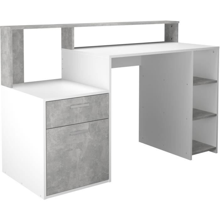 Bureau avec réhausse et rangements BOLTON - Mélamine blanc/gris béton - L138,5 x H91,6 x P53,5 cm