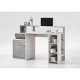 Bureau avec réhausse et rangements BOLTON - Mélamine blanc/gris béton - L138,5 x H91,6 x P53,5 cm