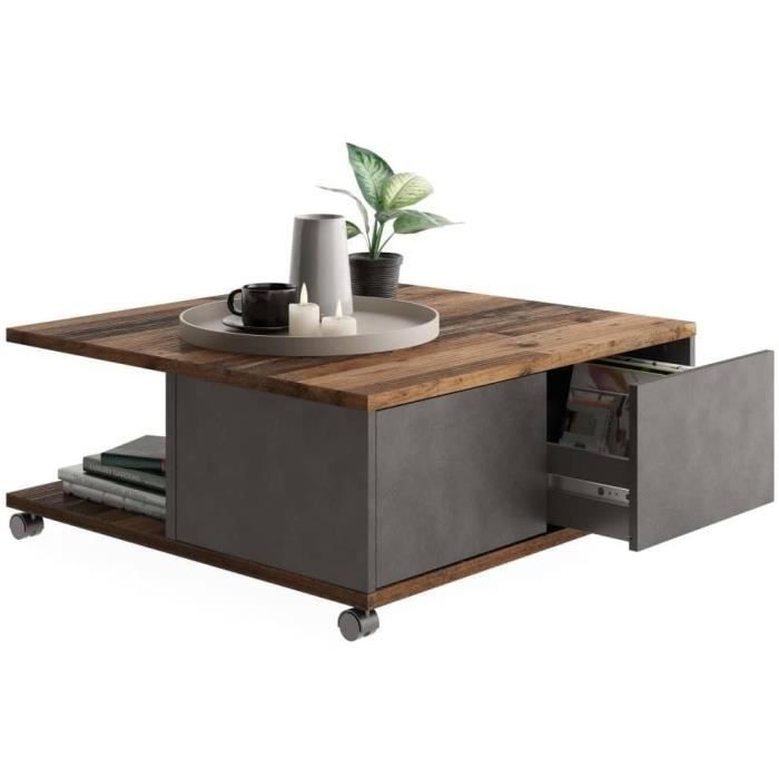 Table basse sur roulettes- Décor Matera et old style foncé - L70 x H36 x P70 cm - Fabriqué en Allemagne TWIN