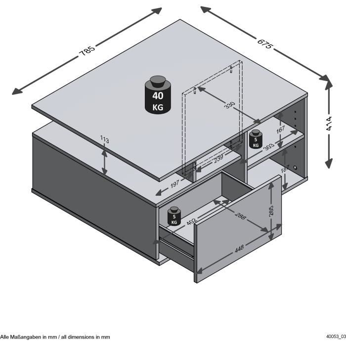 Table basse - Décor Blanc et Chene Artisan - L82 x H69,1 x P10,3 cm - Fabriqué en Allemagne