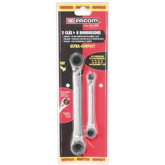 Set of 2 FACOM Cuatro Ratchet Wrenches - 8-19 mm - Silver