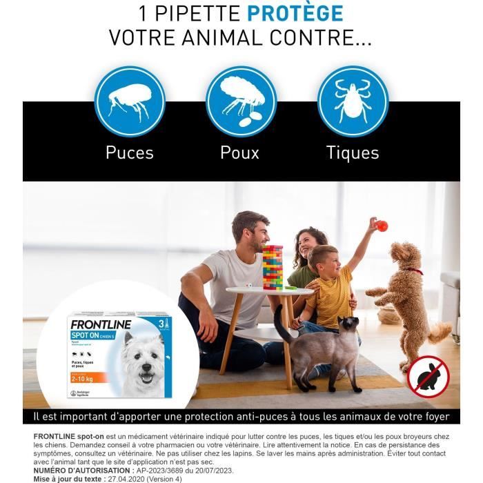 Frontline Spot On chien - Anti-puces anti-tiques pour chien S - 2-10kg - 3 pipettes