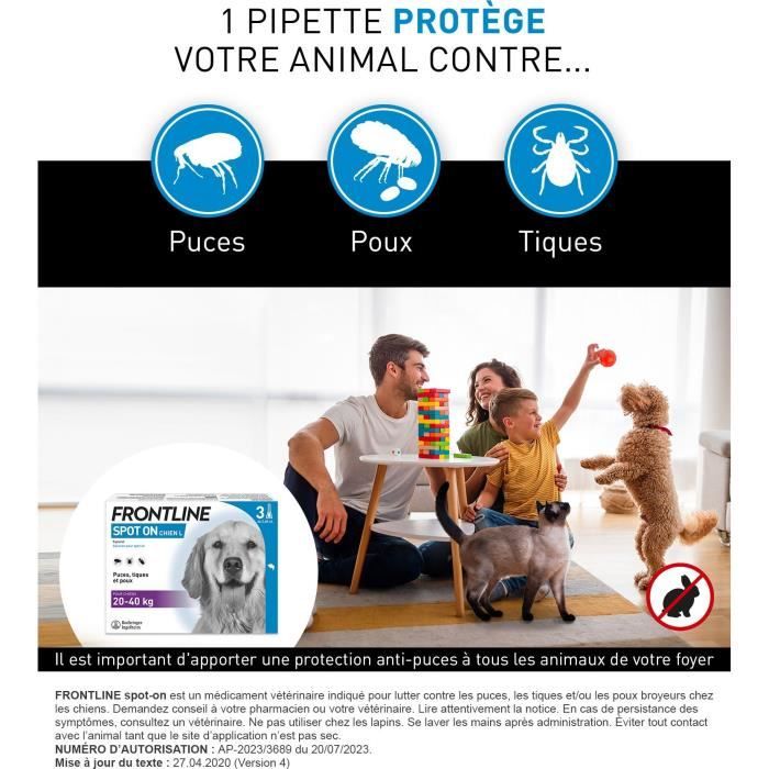 Frontline Spot On chien - Anti-puces anti-tiques pour chien L - 20-40kg - 3 pipettes