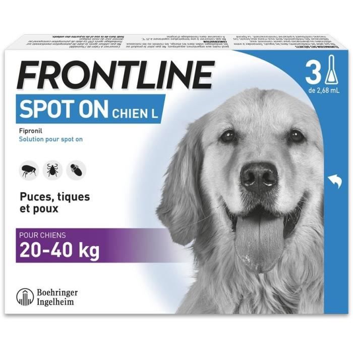 Frontline Spot On chien - Anti-puces anti-tiques pour chien L - 20-40kg - 3 pipettes