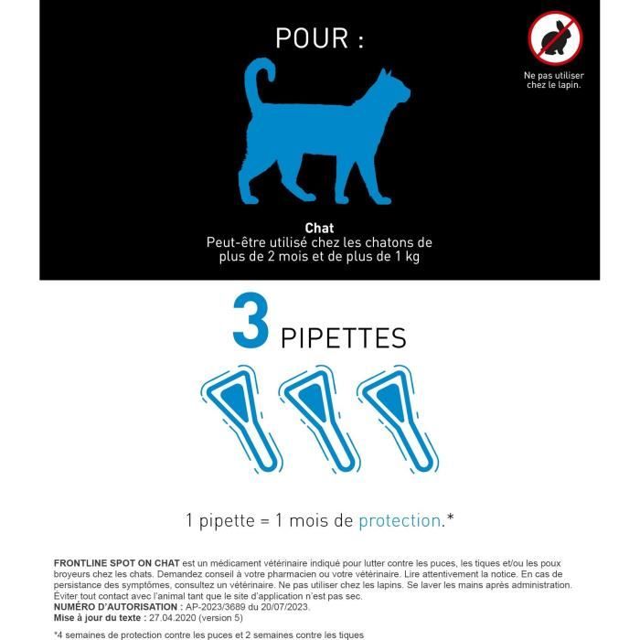 Frontline Spot On chat - Anti-puces anti-tiques pour chat - 3 pipettes