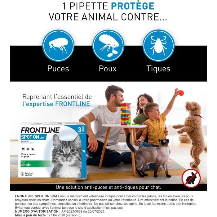 Frontline Spot On chat - Anti-puces anti-tiques pour chat - 3 pipettes