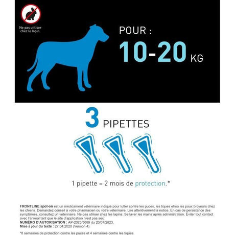 Frontline Spot On chien - Anti-puces anti-tiques pour chien M - 10-20kg - 3 pipettes