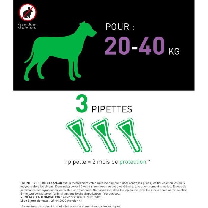 Frontline Combo chien - Anti-puces anti-tiques pour chien L - 20-40kg - 3 pipettes
