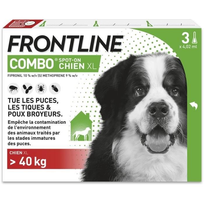 Frontline Combo chien - Anti-puces anti-tiques pour chien XL - 40-60kg - 3 pipettes