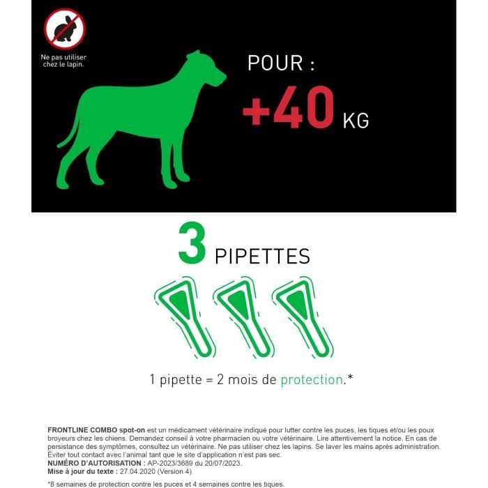 Frontline Combo chien - Anti-puces anti-tiques pour chien XL - 40-60kg - 3 pipettes