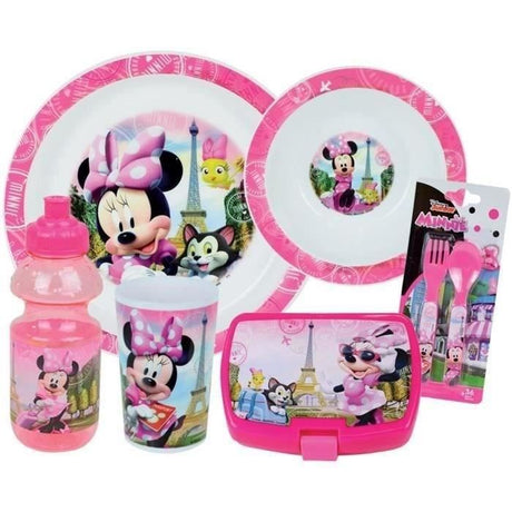 Lot Vaisselle Disney Minnie - FUN HOUSE - 006377 - Verre, Assiette Creuse, Assiette Plate, Gourde, Boîte Goűter et Couverts