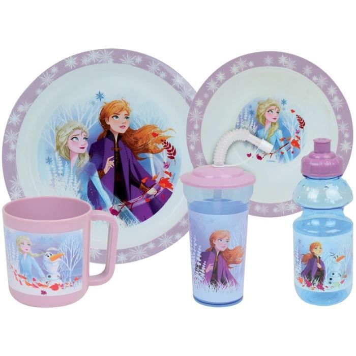 Lot Vaisselle Disney Reine des Neiges - FUN HOUSE - 006379 - Assiette Creuse, Assiette Plate, Mug, Gourde et Gobelet avec Paille