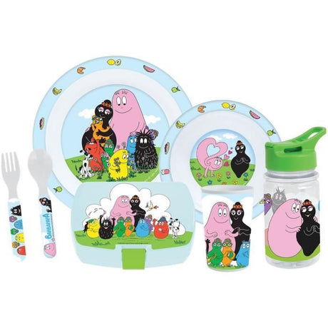 Lot vaisselle - FUN HOUSE - BARBAPAPA  - Verre, assiette Ř22 cm et Ř16 cm, couverts, gourde et boite goűter