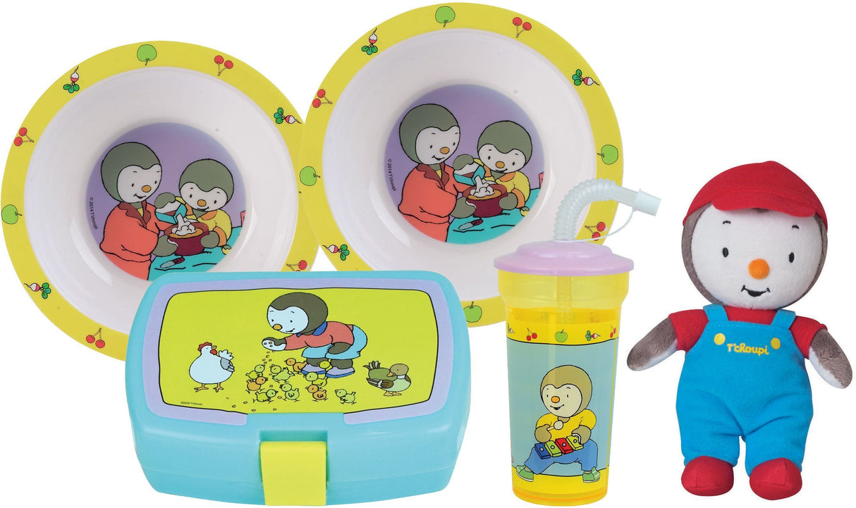 Lot vaisselle - FUN HOUSE - T'CHOUPI - 2 assiettes creuses Ø 16 cm, boîte a goûter, gourde paille et peluche 18 cm