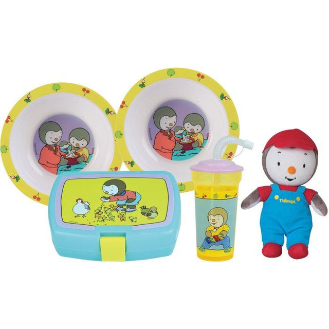 Lot vaisselle - FUN HOUSE - T'CHOUPI - 2 assiettes creuses Ř 16 cm, boîte a goűter, gourde paille et peluche 18 cm