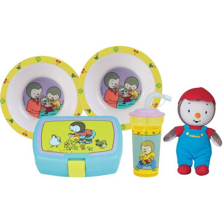 Lot vaisselle - FUN HOUSE - T'CHOUPI - 2 assiettes creuses Ř 16 cm, boîte a goűter, gourde paille et peluche 18 cm
