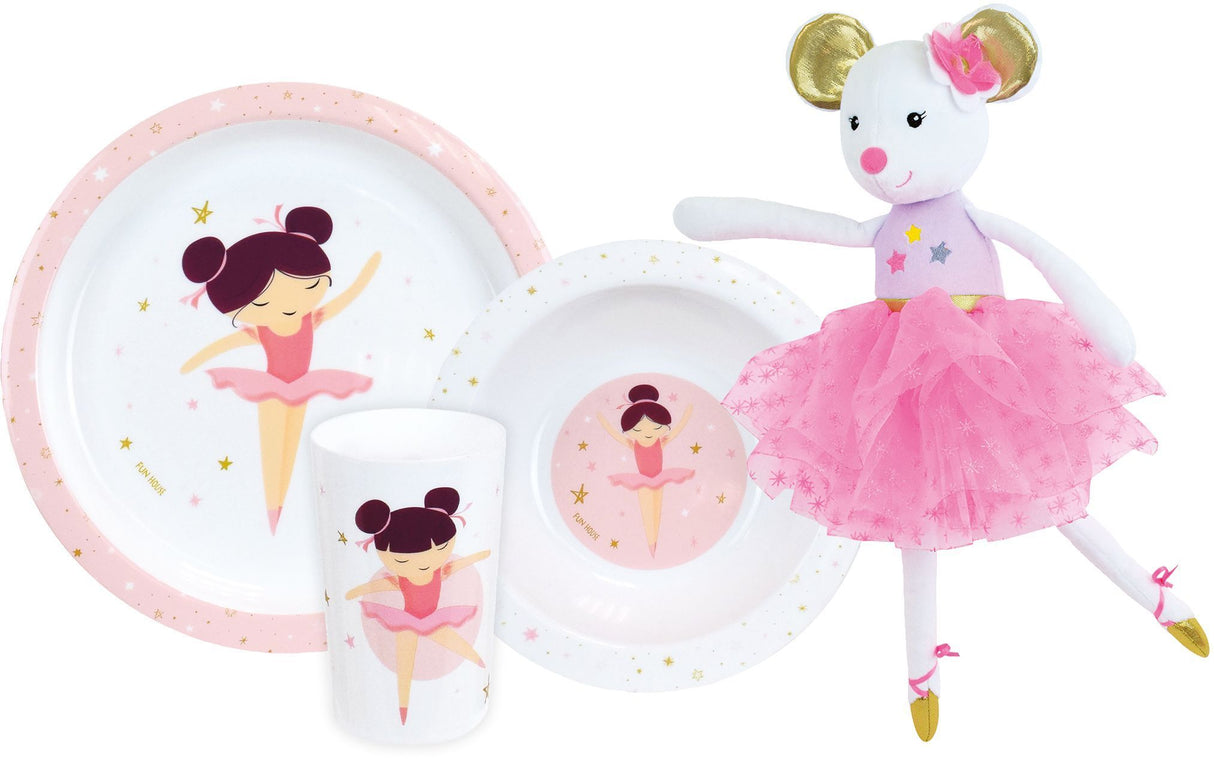 Lot vaisselle - FUN HOUSE - DANSEUSE BALLERINE - Assiette creuse Ø16 cm, plate Ø22 cm, verre 220 ml et peluche musicale 40 cm