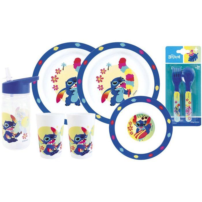 Lot vaisselle - FUN HOUSE - DISNEY LILO ET STITCH - 2 Verres, 2 Assiettes plates Ř22 cm, Assiette creuse Ř16cm, Couverts, Gourde