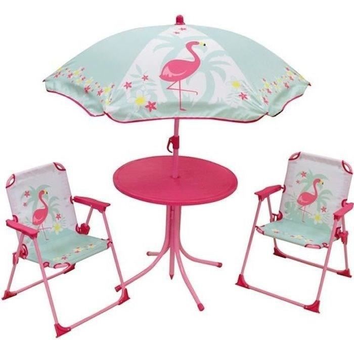 FUN HOUSE 713088 FLAMANT ROSE Salon de jardin avec une table, 2 chaises pliables et un parasol pour enfant