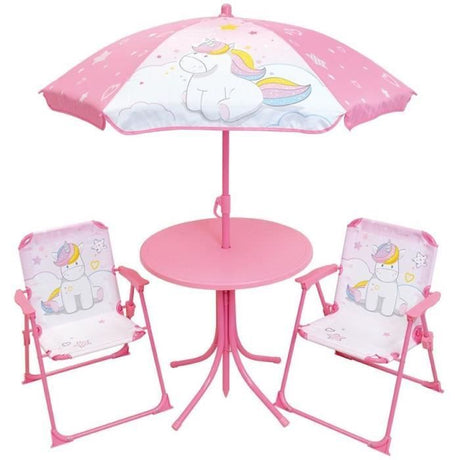 Mobilier de jardin - FUN HOUSE - Salon de jardin Licorne : Table H.46 x 46 cm, 2 chaises pliantes, parasol H.125 xť100 cm