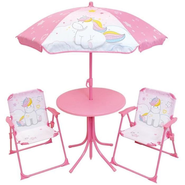 Mobilier de jardin - FUN HOUSE - Salon de jardin Licorne : Table H.46 x 46 cm, 2 chaises pliantes, parasol H.125 xť100 cm