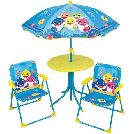 FUN HOUSE Baby Shark Salon de jardin - 1 table H.46xř46 cm, 2 chaises H.53xl.38,5xP.37,5 cm et 1 parasol H.125 x ř100 cm