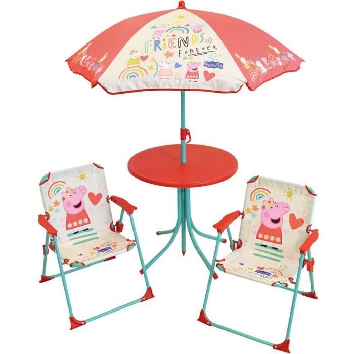 FUN HOUSE Peppa Pig Garden furniture - 1 table H.46xø46cm, 2 chairs H.53xl.38.5xP.37.5 cm and 1 parasol H.125 x ø100 cm - For