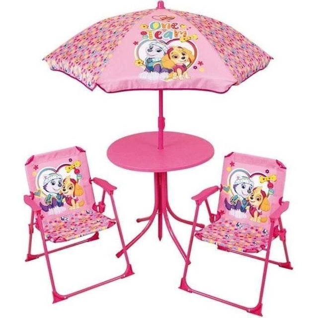 Salon de jardin FUN HOUSE PAT'PATROUILLE - 1 table 46xř46 cm, 2 chaises H.53xl.38,5xP.37,5cm et 1 parasol