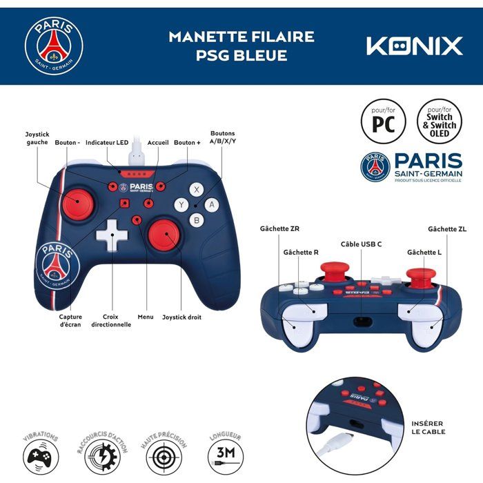 Manette de jeu - Nintendo Switch, Switch 2 et PC - PSG - Filaire - Bleu, blanc et rouge - Fonction vibration - Câble 3 m - Konix