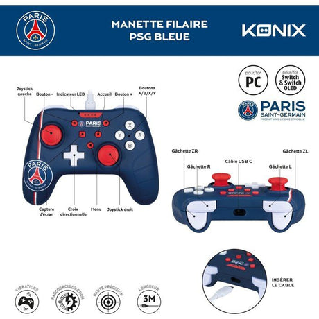 Manette de jeu - Nintendo Switch, Switch 2 et PC - PSG - Filaire - Bleu, blanc et rouge - Fonction vibration - Câble 3 m - Konix