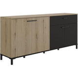 Buffet L180 x P40 x H81 cm - TRUST - Chene / Noir - 4 portes - 1 tiroir - GAMI