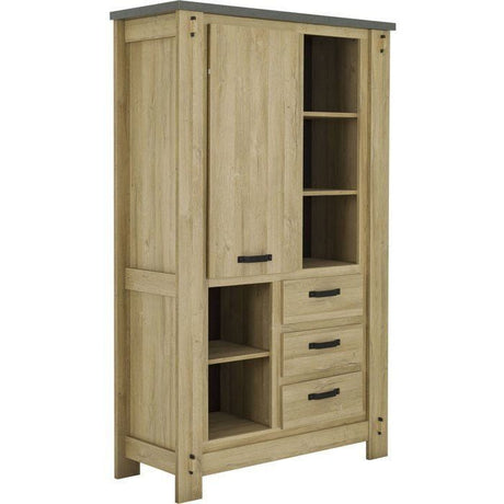Buffet Haut BROCELIANDE – Finition Chene Clair – 1 Porte + 3 Tiroirs – 124 × 50 × 202 cm – GAMI