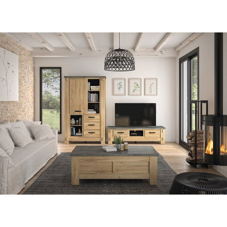 Buffet Haut BROCELIANDE – Finition Chene Clair – 1 Porte + 3 Tiroirs – 124 × 50 × 202 cm – GAMI
