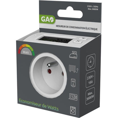 Contrôleur de consommation - GAO - Mesure W/kWh/durée - Détection des 4W - Disjoncteur intégré - 16A 3680W