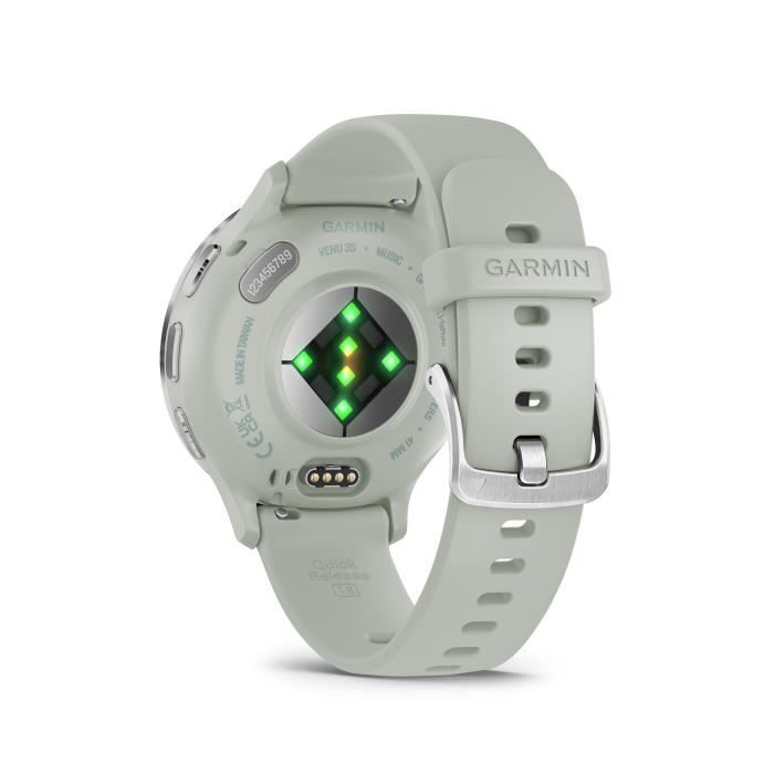 Montre GPS connectÈe - GARMIN - Venu 3S - 30,4mm (1,2) - Acier Silver, boÓtier vert sauge et bracelet en silicone vert sauge