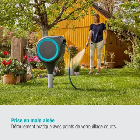 Dévidoir automatique sur pic RollUp S 15 m - GARDENA - Liseret bleu - Enroulement automatique du tuyau