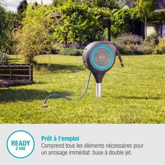Dévidoir automatique sur pic RollUp S 15 m - GARDENA - Liseret bleu - Enroulement automatique du tuyau