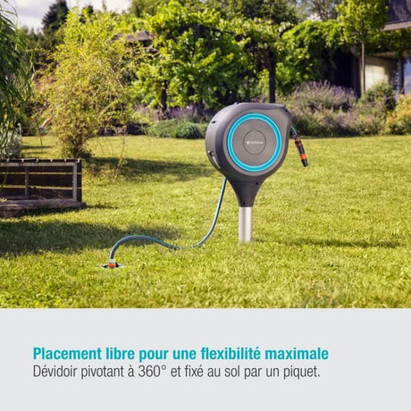 Dévidoir automatique sur pic GARDENA RollUp M liseret bleu - Longueur 20m - Ř11mm - Kit complet