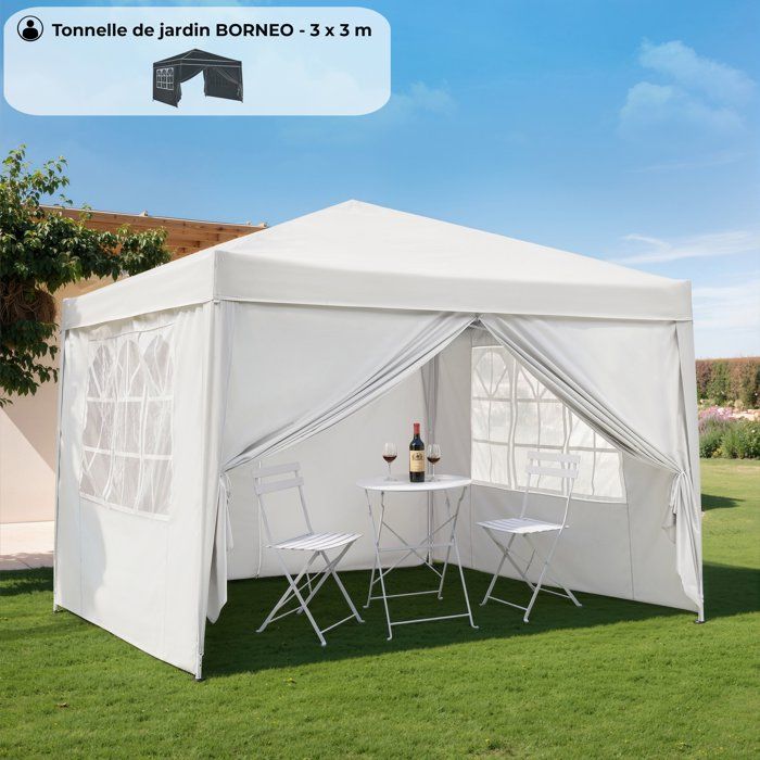 Tonnelle de jardin pliante - BORNEO - Cadre blanc et toile écru - 4 parois - Sac de transport - 3 x 3 m